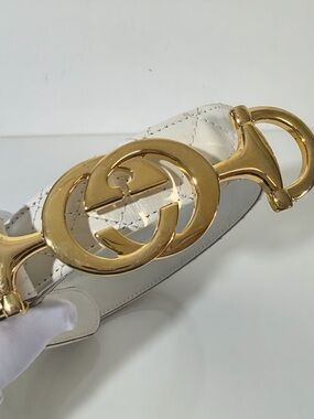 Gucci White Leather Belt with Gold Interlocking G Buckle